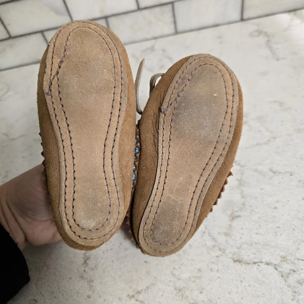 Pair Of Vintage Kids Hand Beaded Leather Moccasins